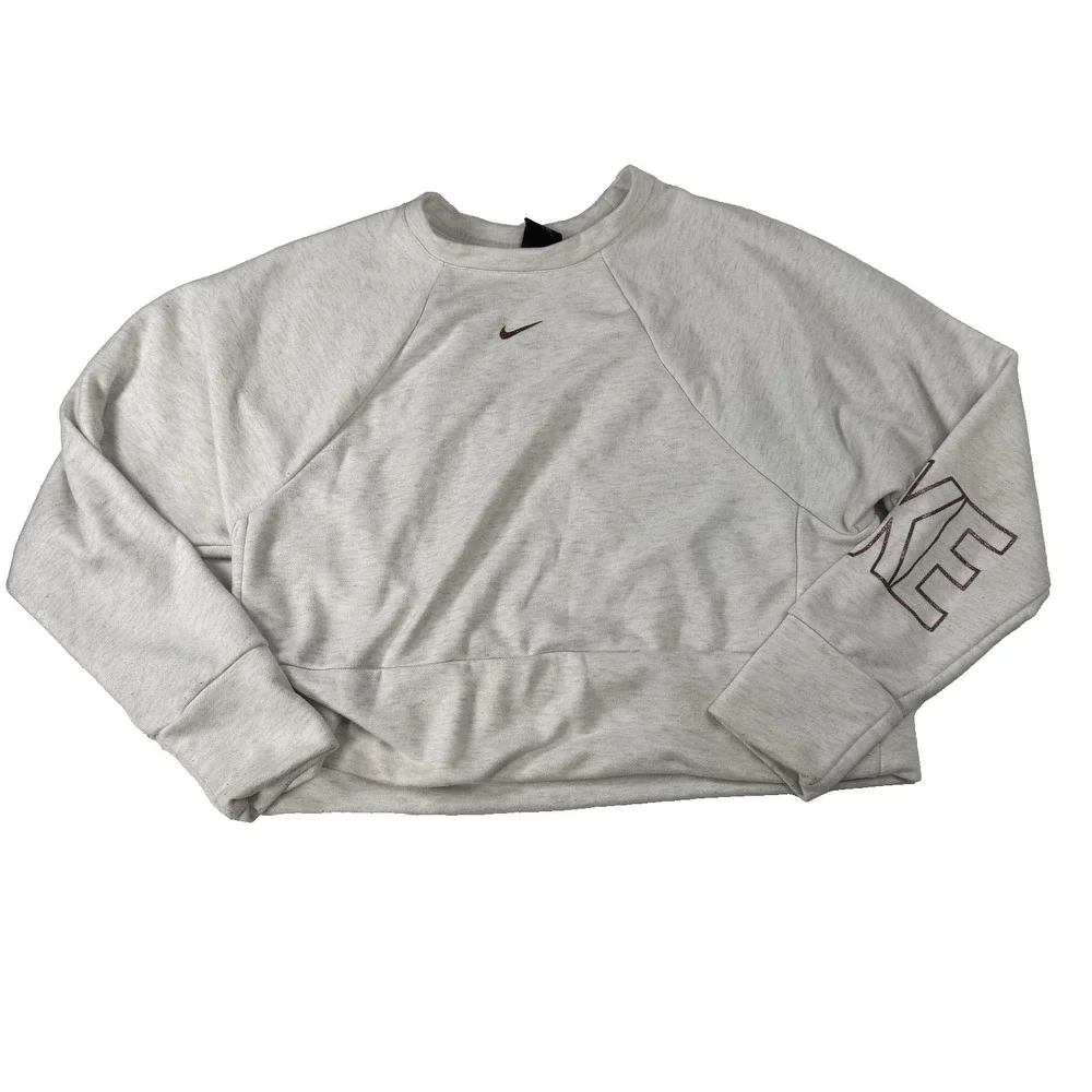 Nike Dri-FIT Pullover Womens Small Gray Glitter Swoosh Spell Out Logo Sleeve